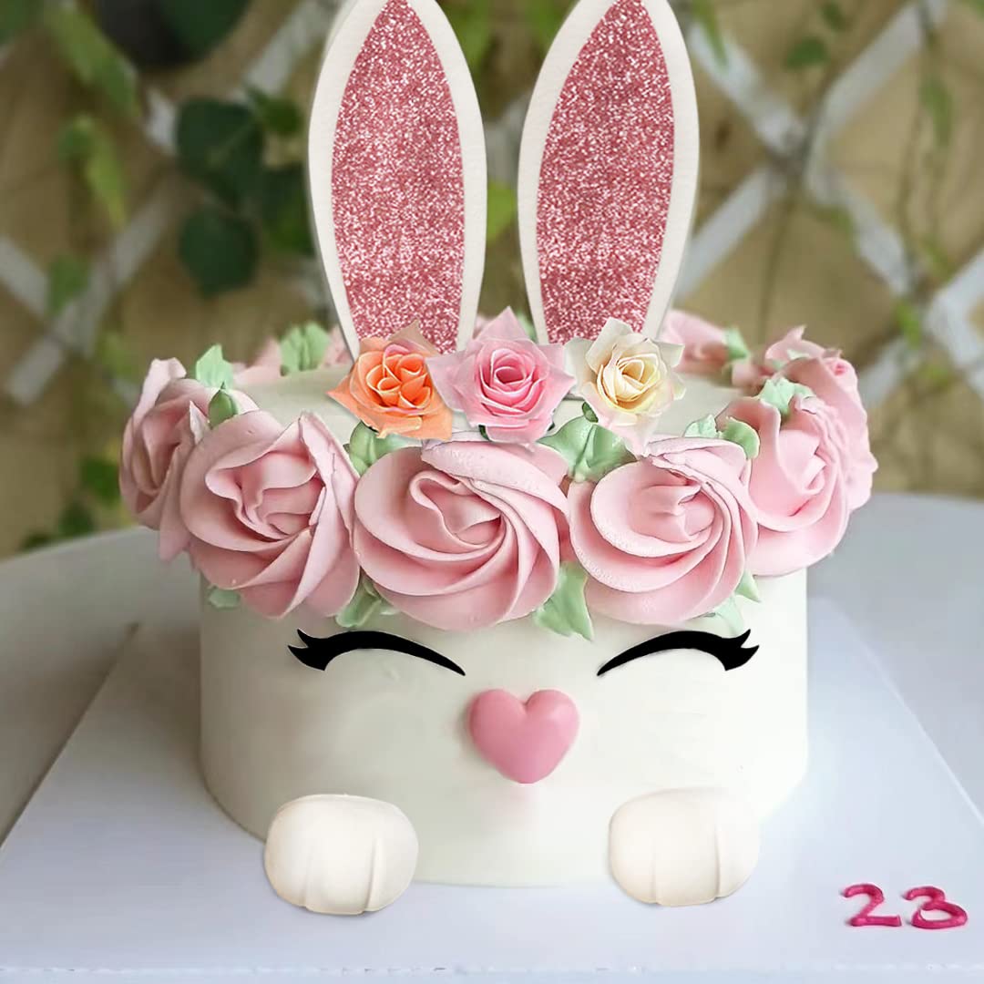 DiDida Bunny Cake Topper - Plastic Bunny Ear Set with Flowers, Model 012 for Baby Showers & Easter Decorations