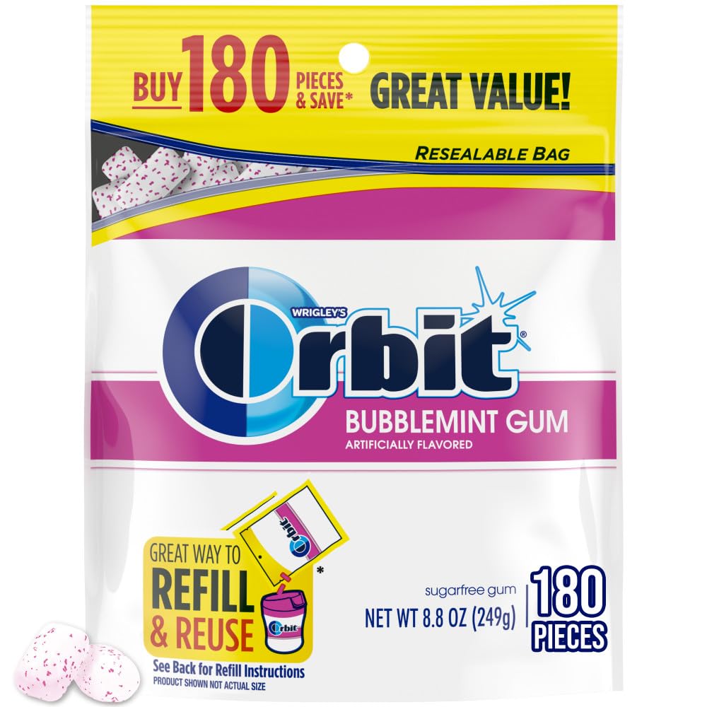 Orbit Gum Bubblemint Sugar Free Chewing Gum Bulk, 180 Piece Resealable Bag, Bubble Gum Bulk