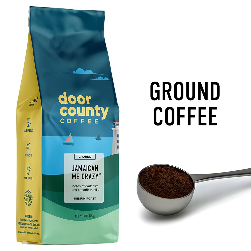 Door County Coffee Jamaican Me Crazy Flavored Ground Coffee, Medium Roast, 10 oz Bag