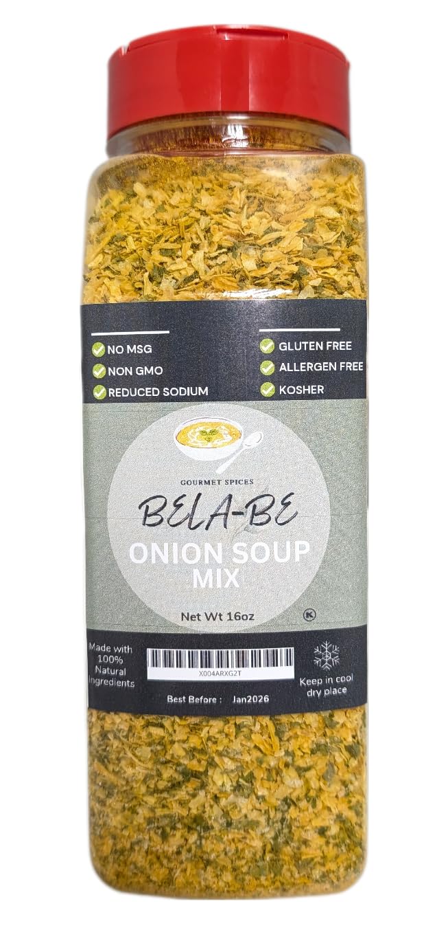 Bela-Be Onion Soup Mix, No MSG, Reduced Sodium, Kosher, Onion Seasoning for Soups, Chicken, Rice and more - 16 oz Large Bottle