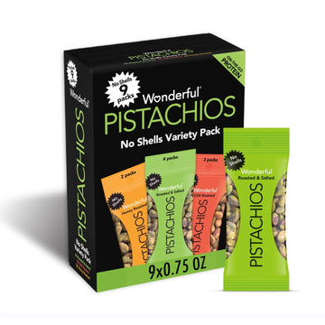 Wonderful Pistachios No Shells, 3 Flavors Mixed Variety Pack of 9 (0.75 Ounce), Roasted & Salted Nuts (4), Chili Roasted (3), Ho