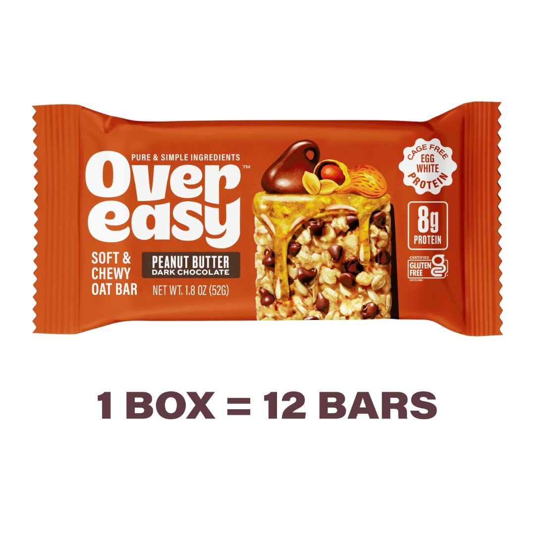 Over Easy Peanut Butter Dark Chocolate Soft and Chewy Oatmeal Breakfast Bars - Granola and Protein Bars - 12 Energy Snack Bars -