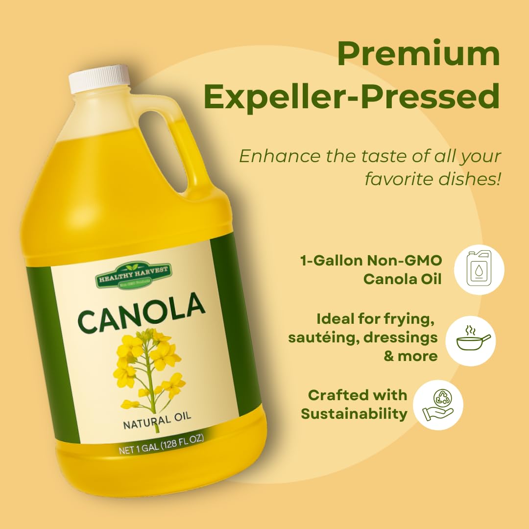 Healthy Harvest Canola Oil  Naturally Expeller Pressed  Gourmet Canola Cooking Oil  Medium-Heat Cooking  Great for Dressings  Marinades  and Frying  1-Gallon