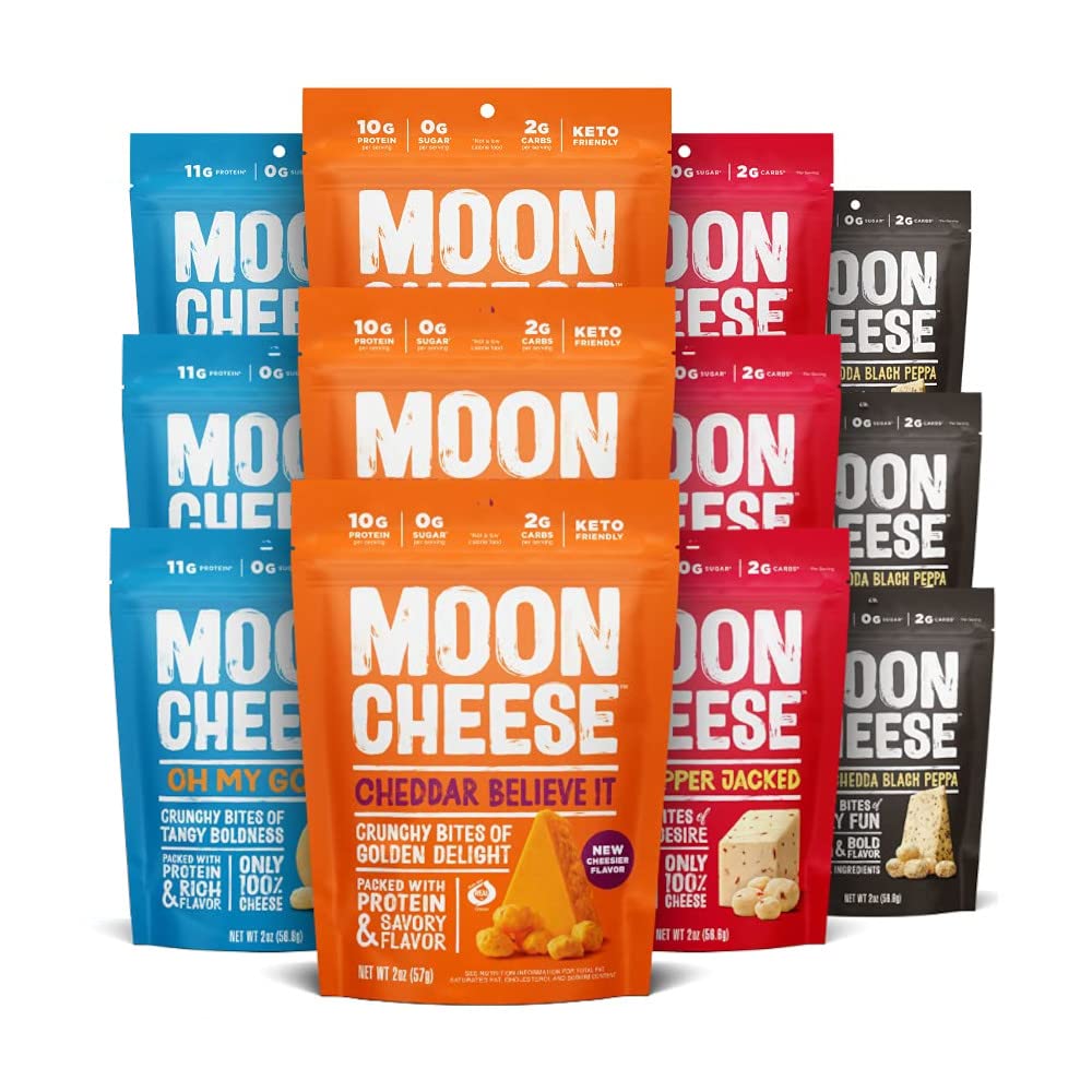 Moon Cheese Bites Bundle, Cheddar, White Cheddar, Gouda & Get Pepper Jacked, 2-Ounce, 12-Pack, Lunch Or Snack