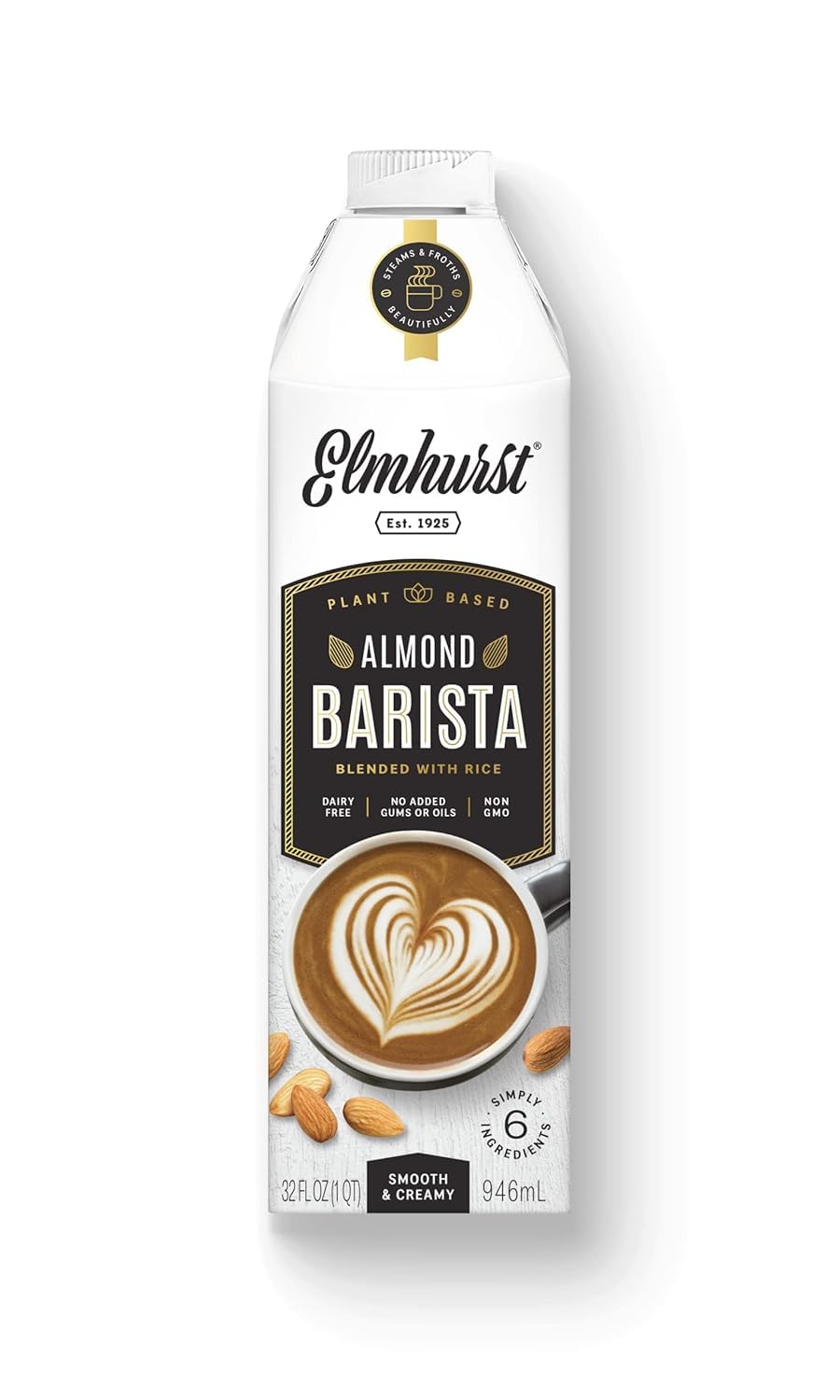 Elmhurst 1925 Almond Milk Barista Edition - 32oz (1-Pack) Plant-Based, Vegan, Dairy-Free, Kosher, Gluten-Free, Non-GMO, Froths f