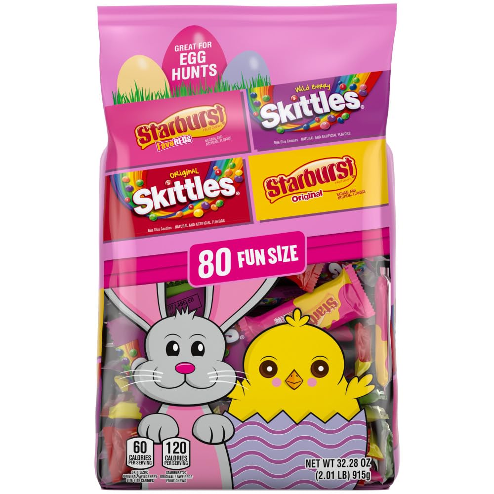 Wrigley's SKITTLES & STARBURST Fun Size Chewy Candy Easter Basket Stuffers Variety Pack, 80 Ct Bulk Bag