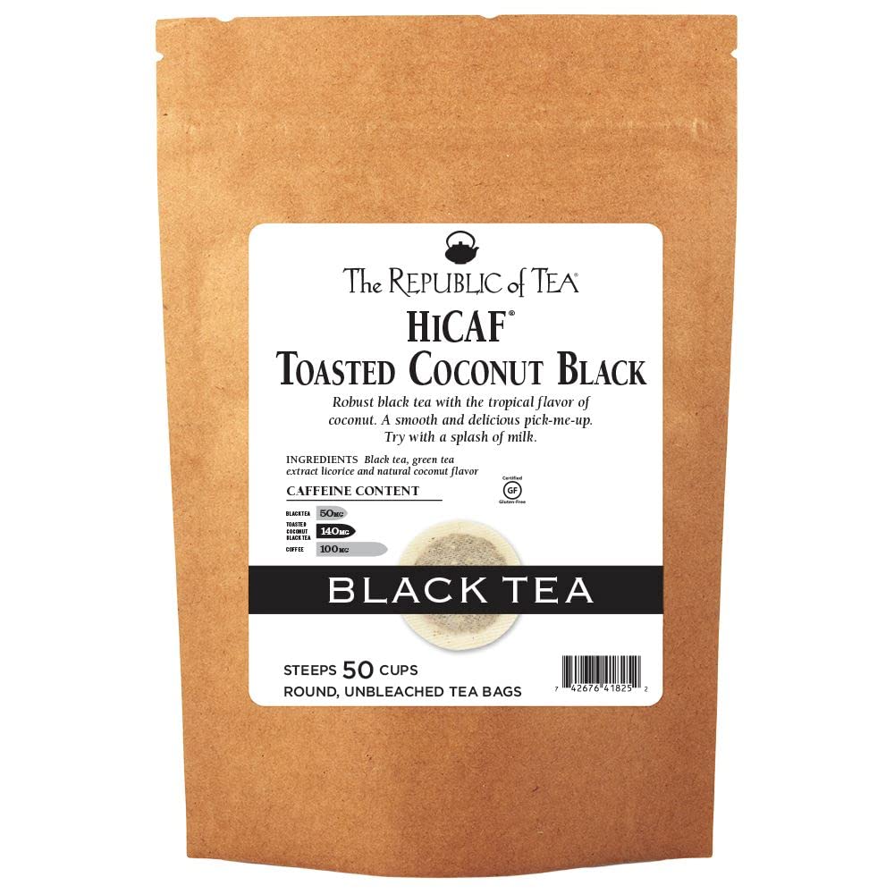 The Republic of Tea HiCAF Toasted Coconut Black Tea, High-Caffeinated Herbal Blend, 50 Tea Bags