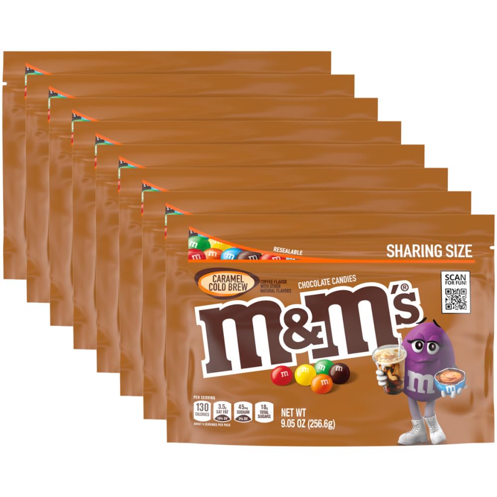 M&M S Caramel Cold Brew Chocolate Candy, Sharing Size, Resealable Bag, 9.05 oz, Pack of 8