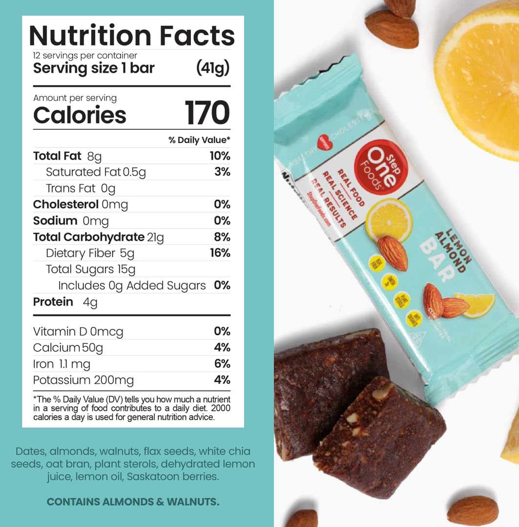 Step One Foods Lemon Almond Bar, Heart Healthy Snack Plant Sterols, Omega 3S High Fiber Snack Gluten & Dairy Free, Vegan, Zero Sodium, Granola Bars (12 Pack)