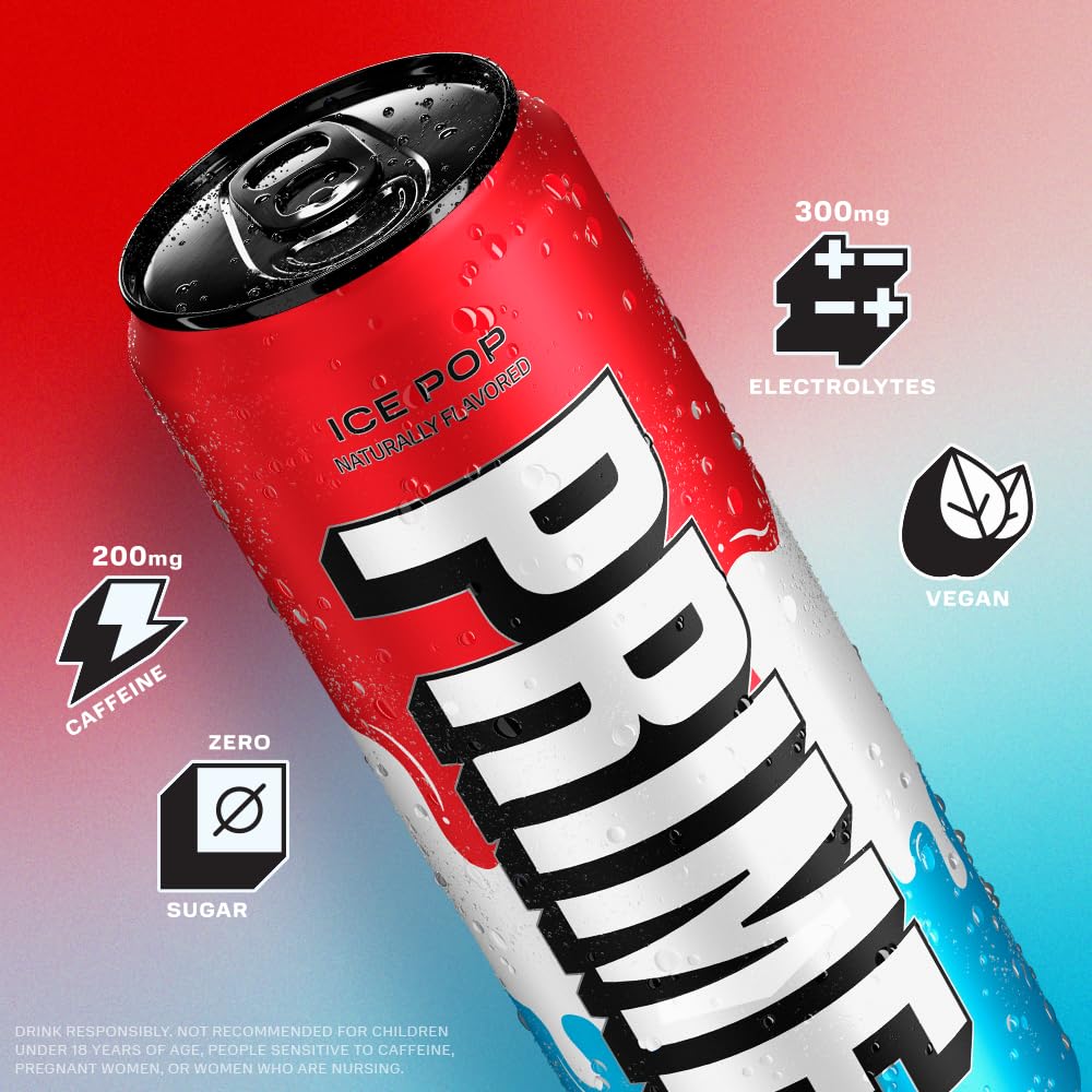 PRIME Energy ICE POP Energy Drink | Zero Sugar | 200mg Caffeine | 355mg Electrolytes | 12 Fl Oz | 24 Pack