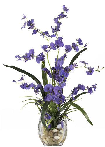 Nearly Natural 19IN Artificial Dancing Lady Orchid Flower Arrangement in Glass Vase with River Rock and Liquid Illusions compatible with Water, Faux Flower Arrangement for Dining Table Center Piece or Home Décor