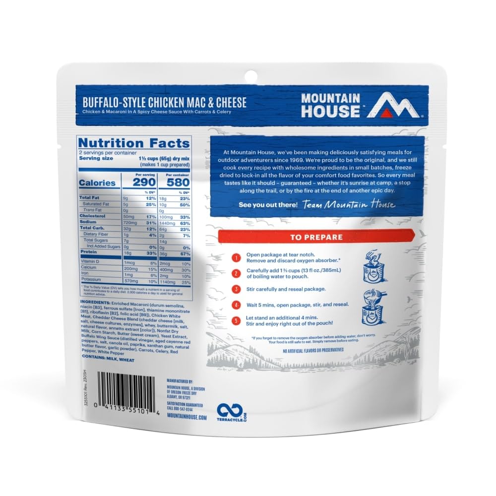 Mountain House Buffalo-Style Chicken Mac & Cheese Freeze-Dried Food For Camping, 12 Servings, 30-Year Shelf-Life