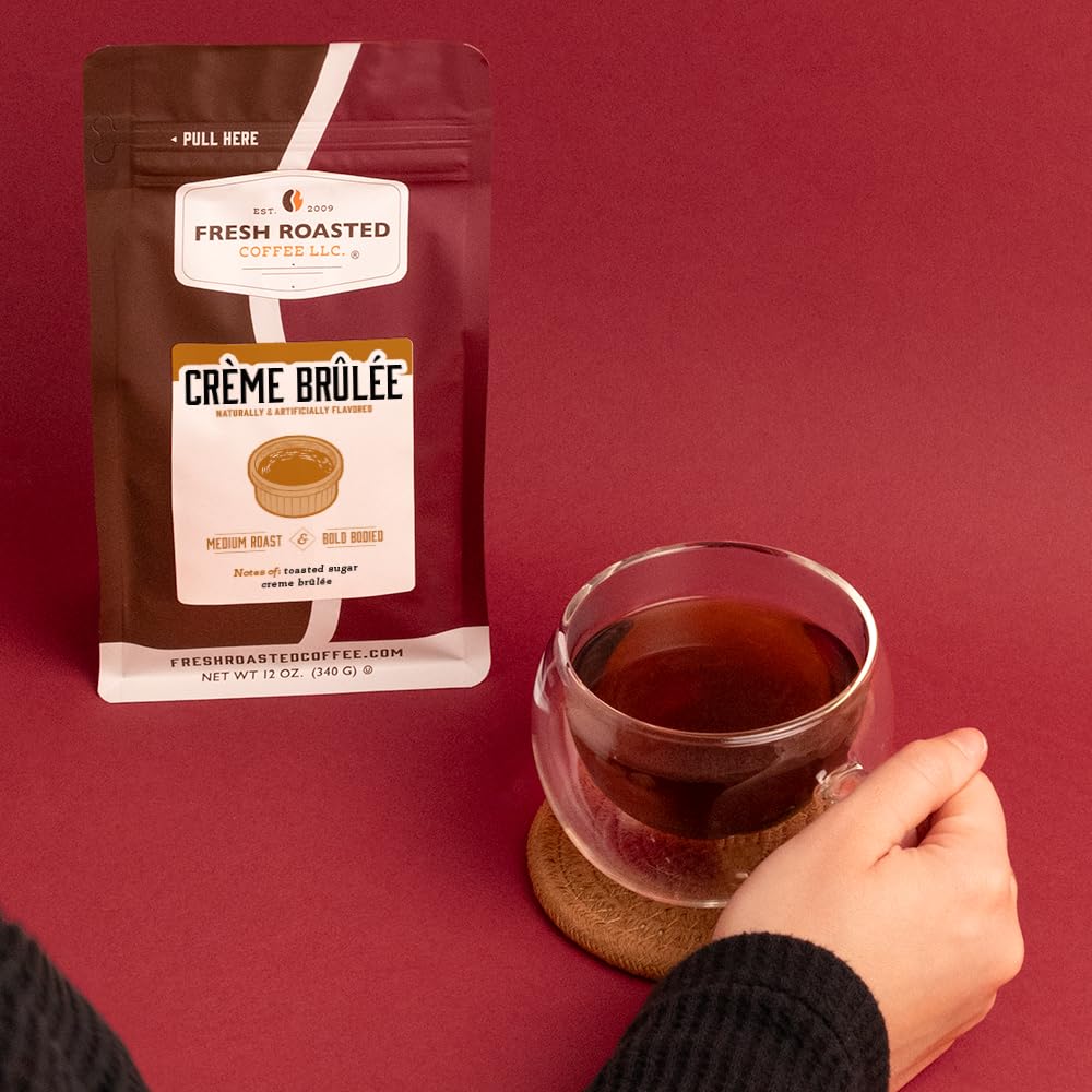 Fresh Roasted Coffee, Crème Brûlée Flavored Coffee, 12 Oz, Medium Roast, Kosher, Whole Bean