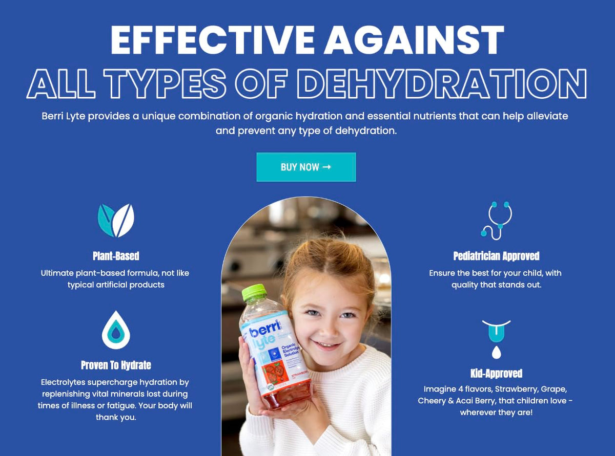 Berri Lyte Plant Based Organic Electrolyte Solution - Pediatric Rehydration Drink - Low Sugar Strawberry Flavor, 1 L, 4 Ct
