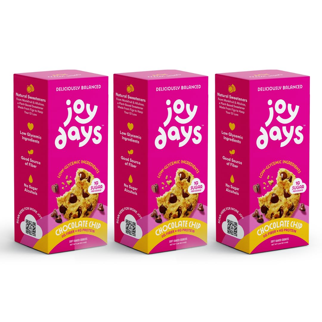 Joydays Chocolate Chip Cookies, 63% Less Sugar and High Fiber Snack, Plus Protein - Made for Balanced Nutrition, Healthy Snacks 