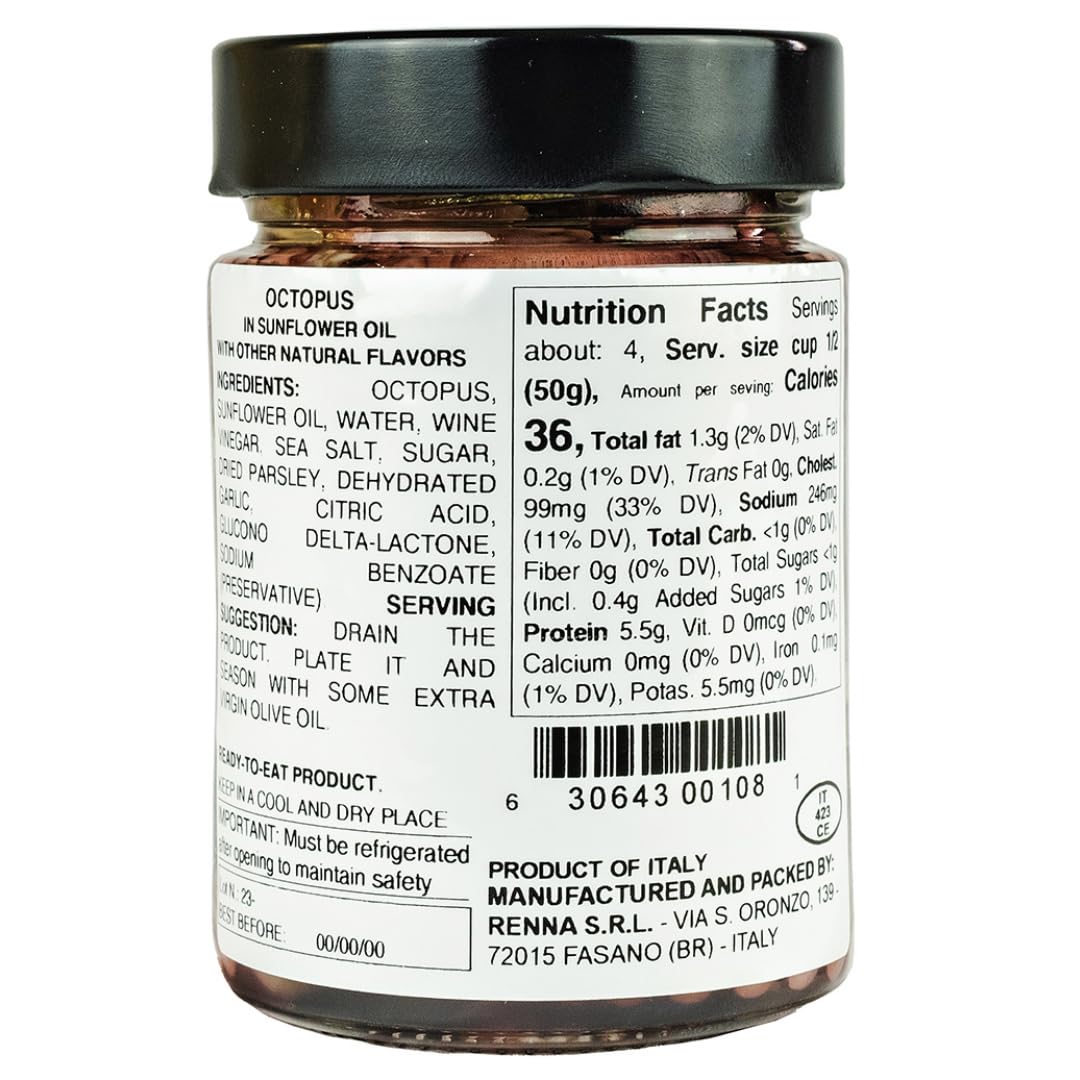 Renna Fresh Whole Wild Octopus Tentacles in Oil, Tender Mediterranean Seafood Salad, 10.58 oz, Ready-to-Eat Appetizer