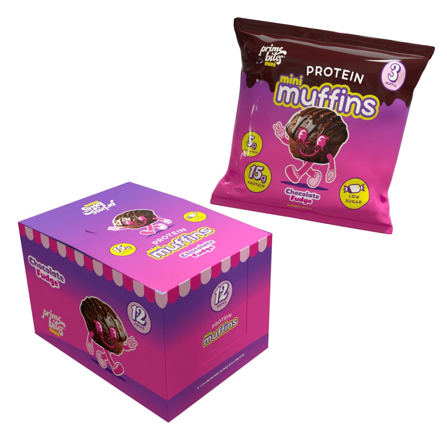 Alpha Prime Supplements Protein Mini Muffins | 12 Packs | Low Sugar, Collagen Fortified, Chocolate Fudge Flavor