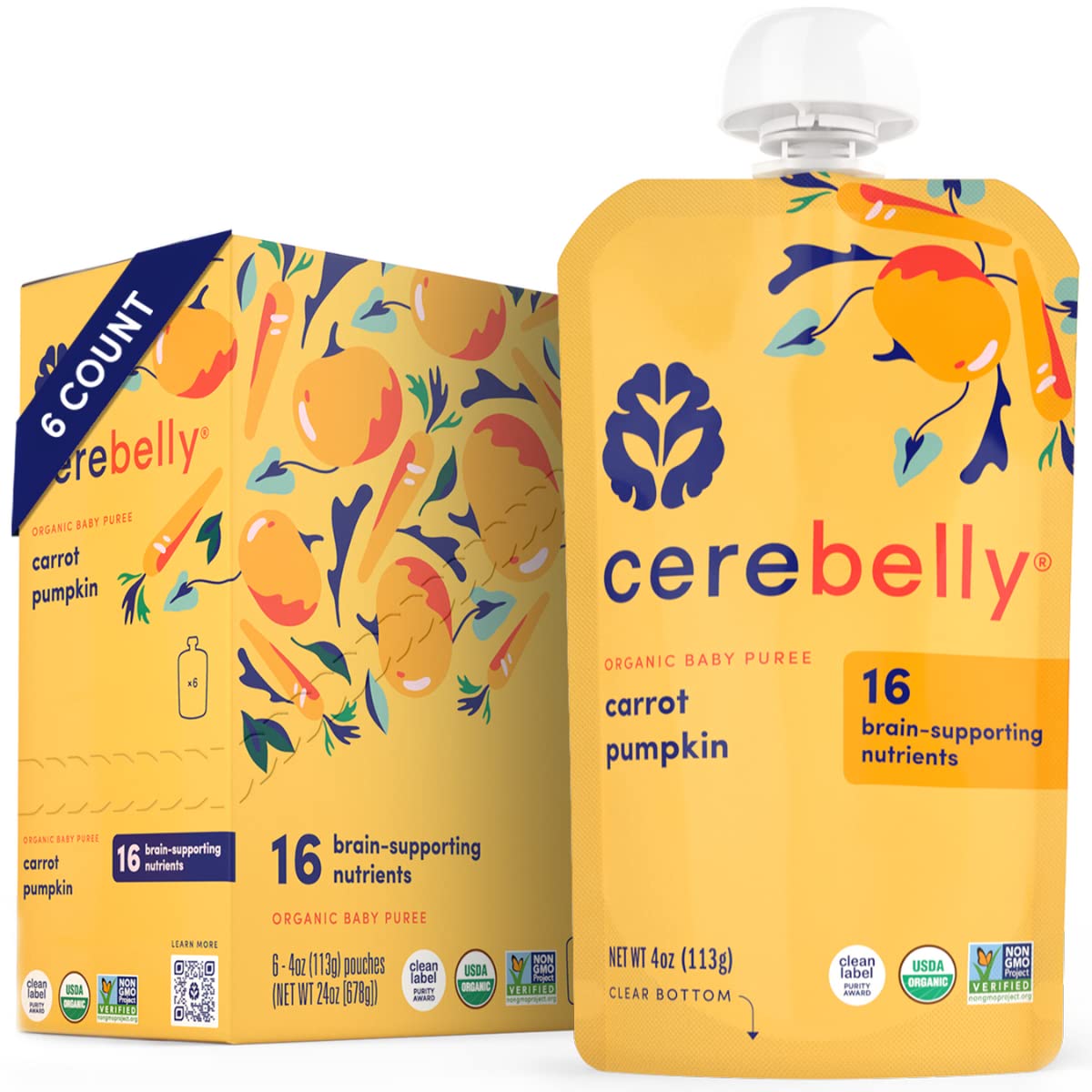 Cerebelly Organic Baby Food Pouches, Carrot Pumpkin Purees, 16 Nutrients, No Added Sugar, Fiber & Non-Gmo, 4Oz, 6 Pack