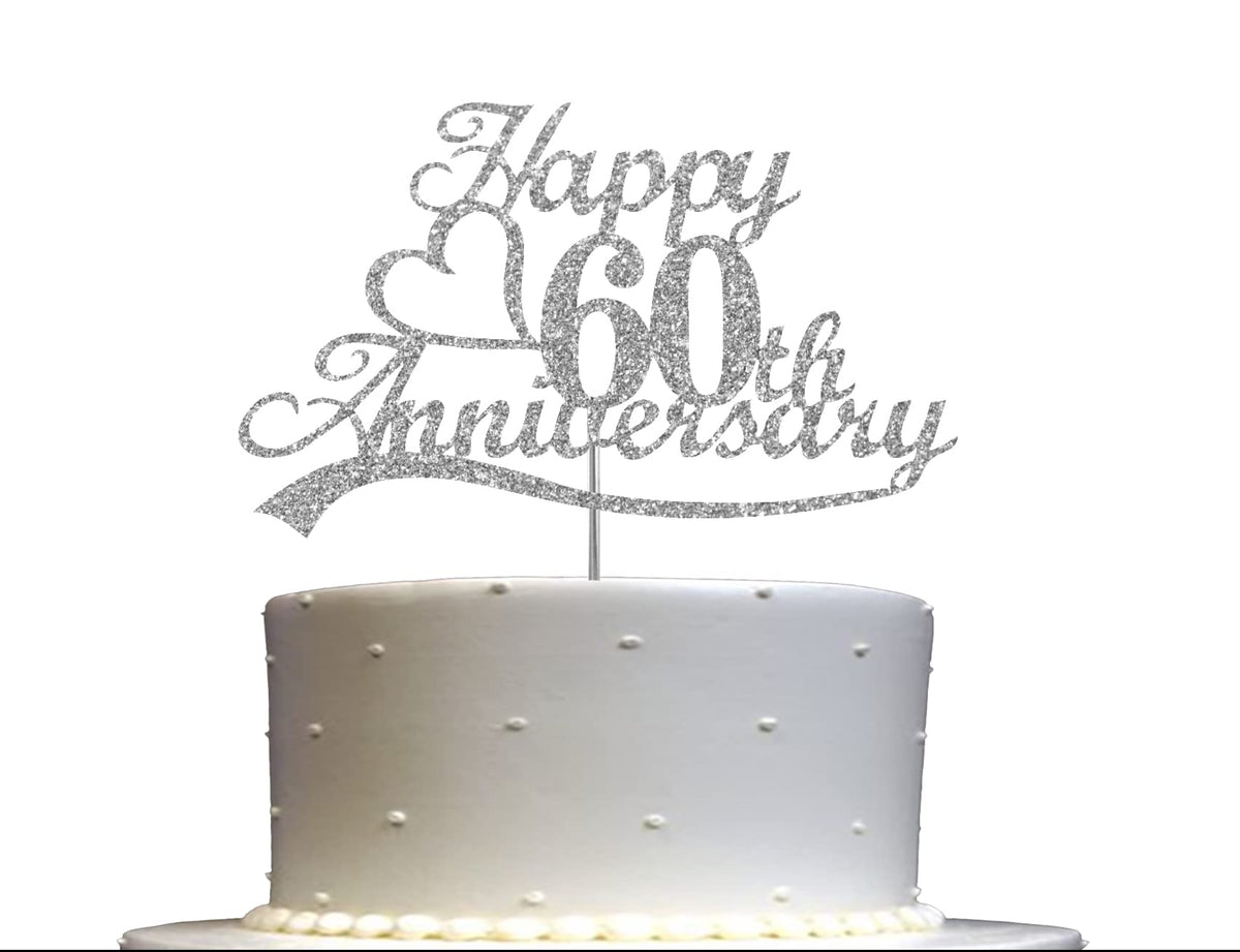 60Th Anniversary Silver Glitter Cake Topper, 60 Wedding Anniversary Party Decoration Ideas, Premium Quality, Sturdy Doubled Side