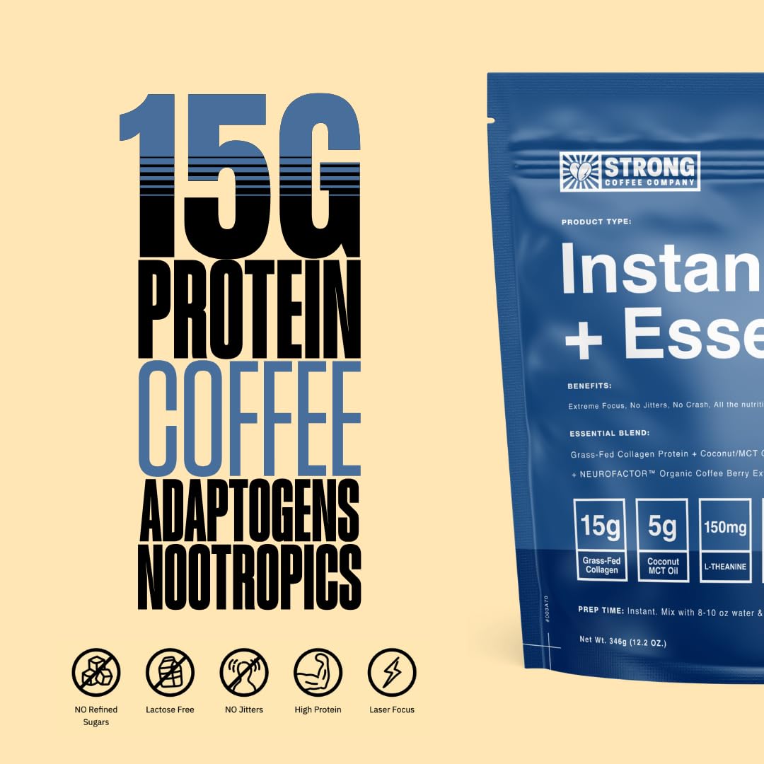 STRONG COFFEE COMPANY  DAYBREAKER  INSTANT CACAO LATTE - 12 Single Serving Packs  15g Protein  Instant Protein Coffee with Collagen  Adaptogens & Nootropics  No Crash  No Jitters