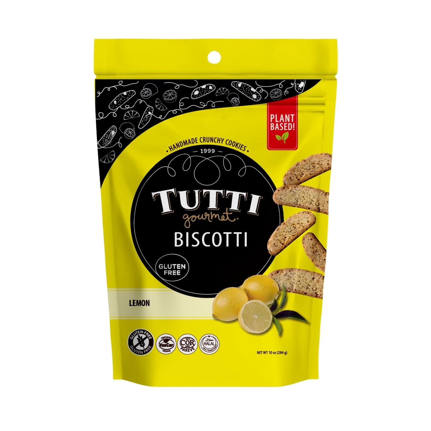 Tutti Gourmet Gluten Free Lemon Biscotti, 9.9 oz (283g) Resealable Cookie Bag - Vegan and Halal Snacks