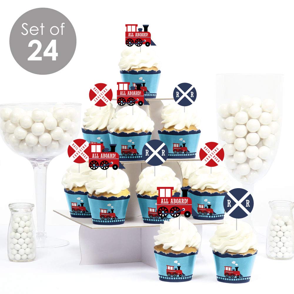 Big Dot of Happiness Cupcake Decoration Kit - Steam Train Birthday Party - Set of 24 - Red, Blue, White - Model BD4068tpk