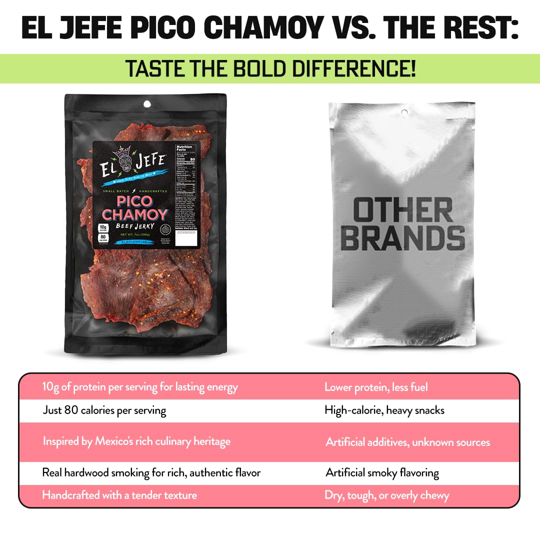 El Jefe Pico Chamoy Beef Jerky - Hand Crafted Small Batch Mexican Style Hispanic Slab Jerky - Bold & Authentic Flavor For Snacki