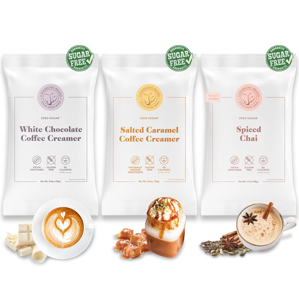 5 SPARROWS Healthy Sugar-Free Coffee Creamer Powder TRIAL PACK (White Chocolate, Salted Caramel, Spiced Chai), Set of 3 Samples