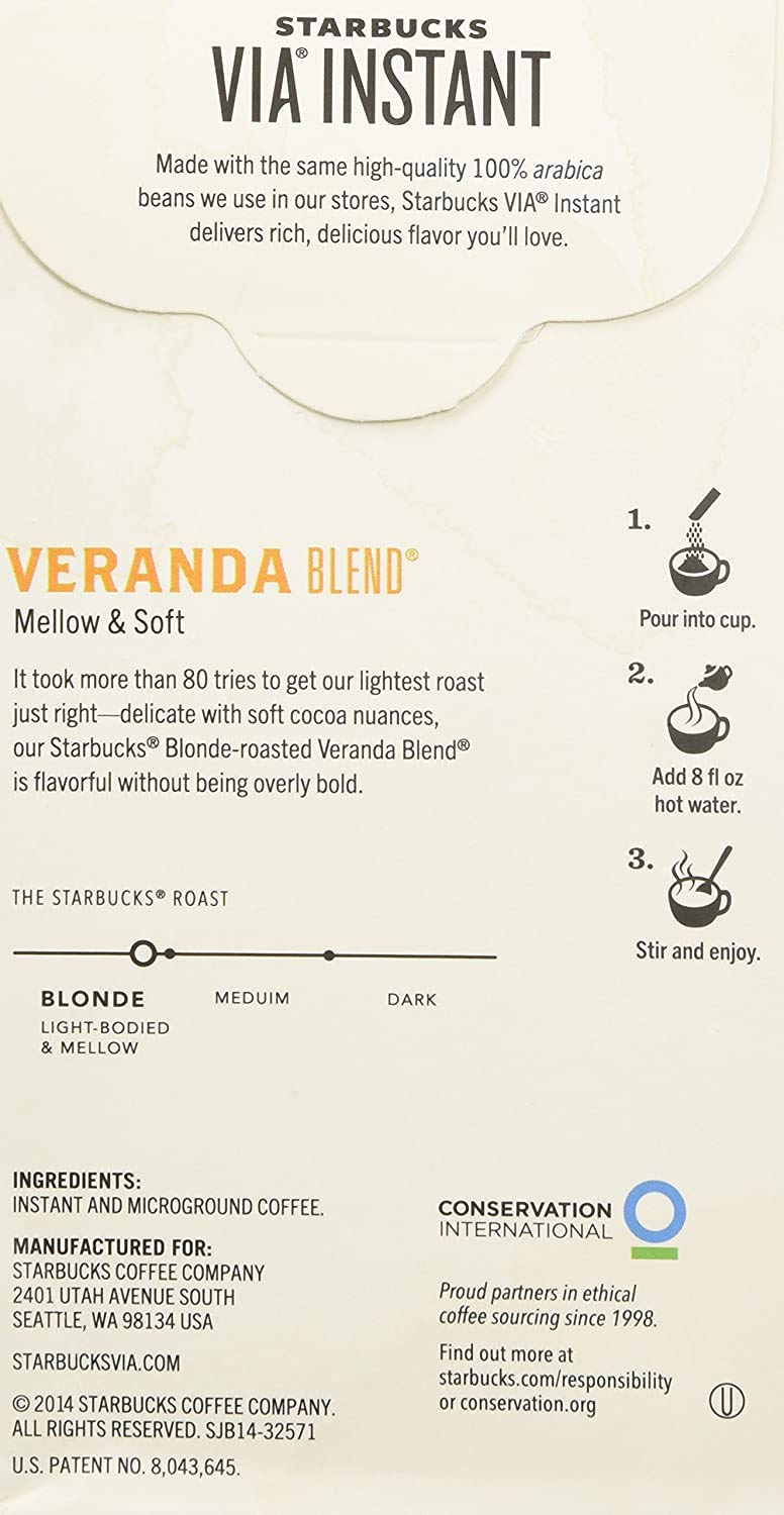 Starbucks VIA Instant Coffee, Veranda Blend, 0.93 Ounce, 8 Count