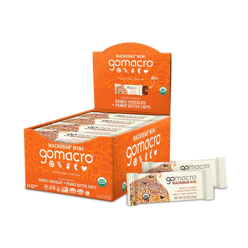 Gomacro Macrobar Mini Organic Vegan Snack Bars - Double Chocolate + Peanut Butter Chips (0.9 Ounce Bars, 24 Count)