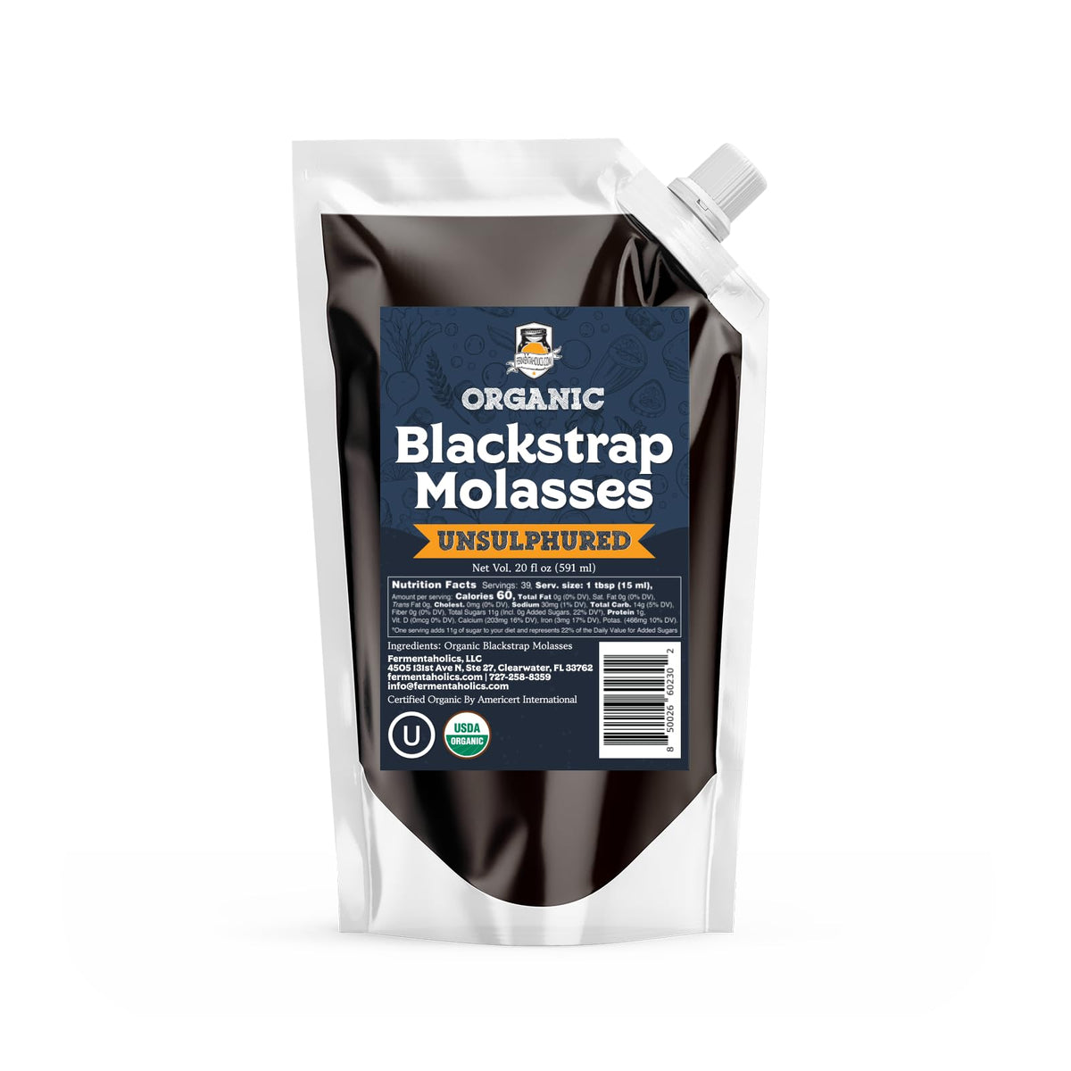 Fermentaholics Organic Unsulphured Blackstrap Molasses | 20 Oz Pouch | OU Kosher & Unsulfured | Spouted Pouch for Easy Measuring