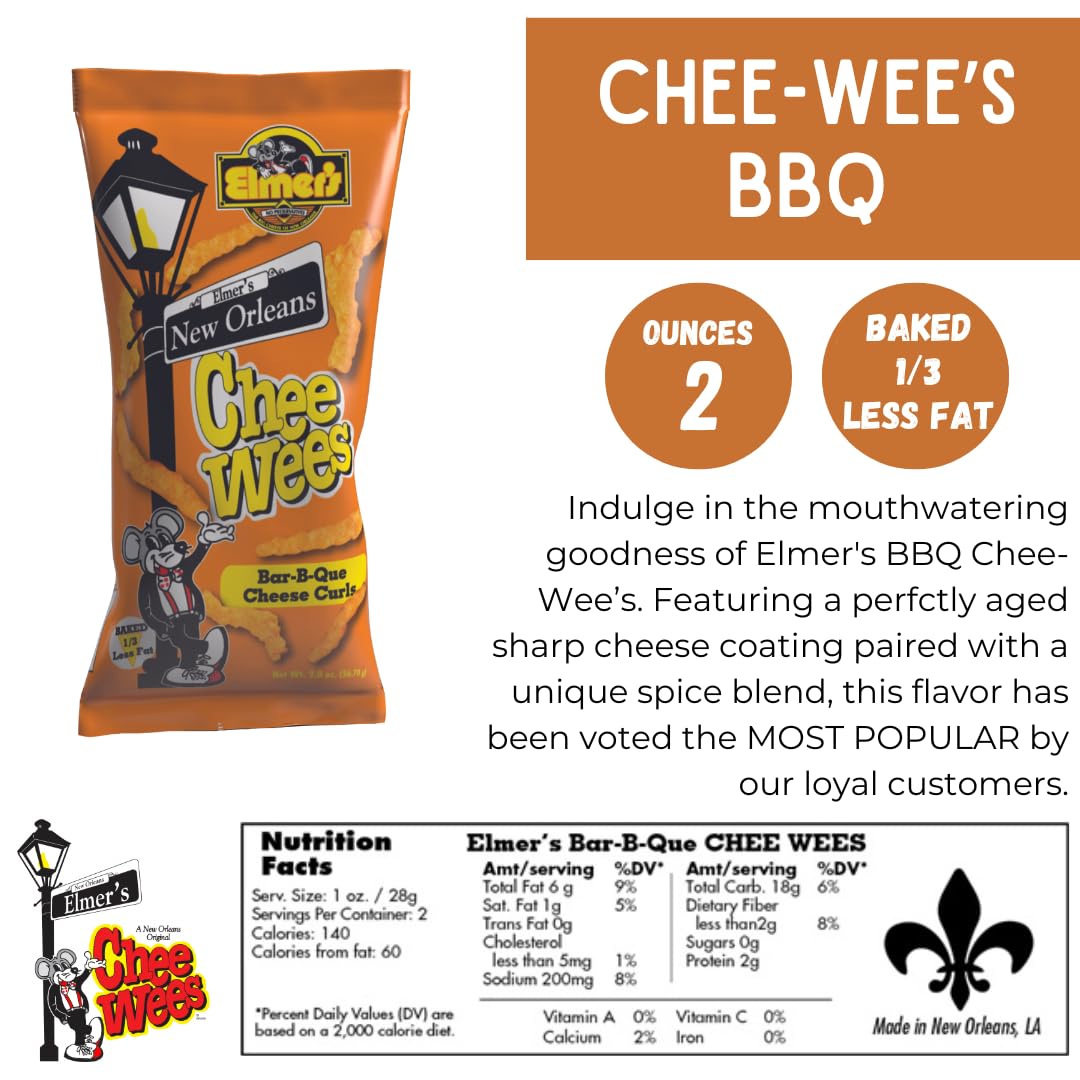Elmer'S New Orleans Chee-Wee'S, Authentic Nola Bbq Flavor, Irresistible Crunchy Snack Delight 2 Oz Bags, Pack Of 3