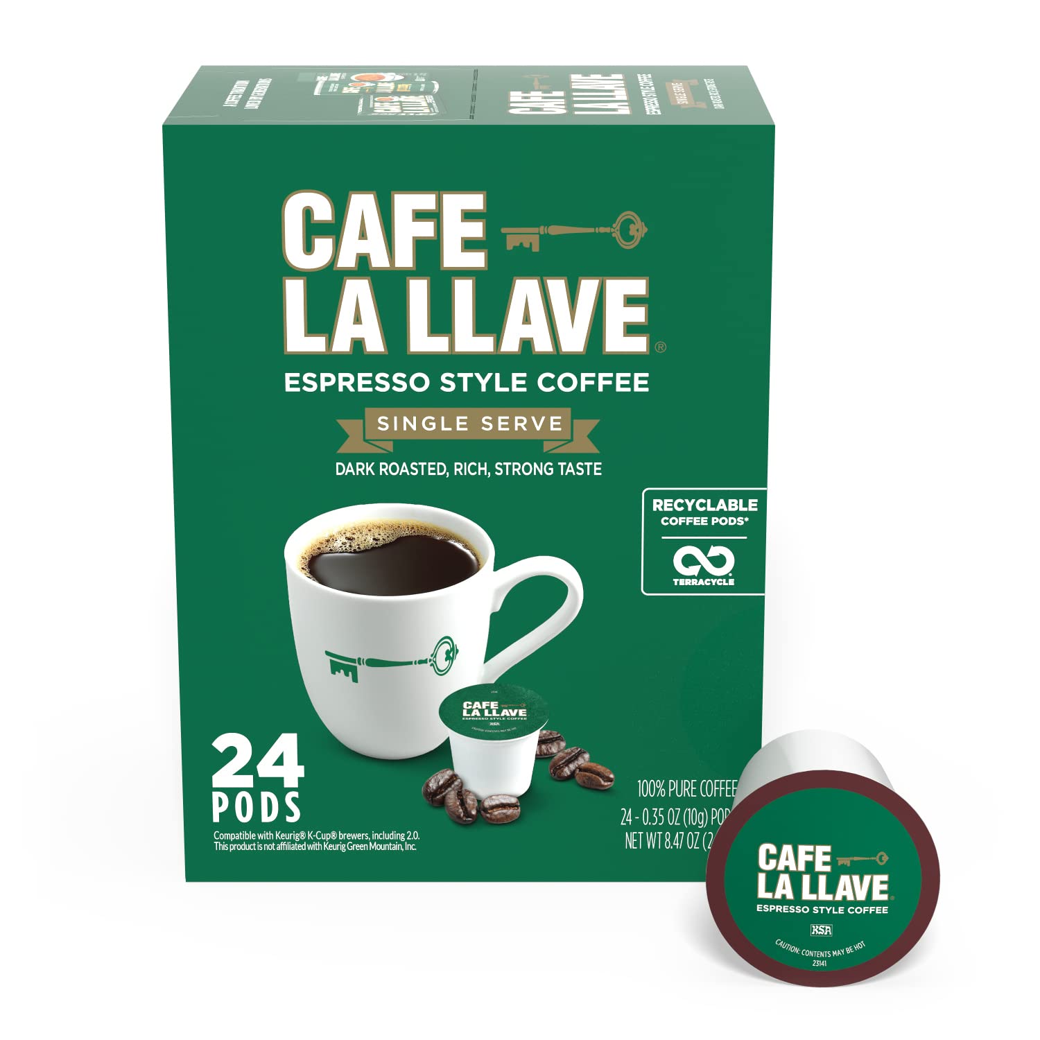 Cafe La Llave Espresso Coffee Pods - Recyclable Single-Serve Pods, Compatible with K-Cup Keurig - 24 Count - Coffee