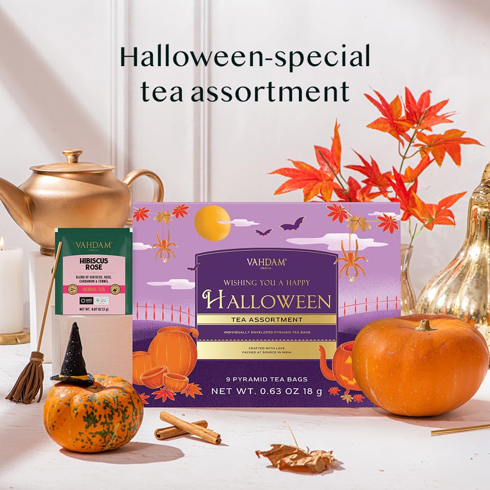 VAHDAM Halloween Tea Gift Basket - 9 Premium Pyramid Tea Bags - Ideal Gift for mature-themeds