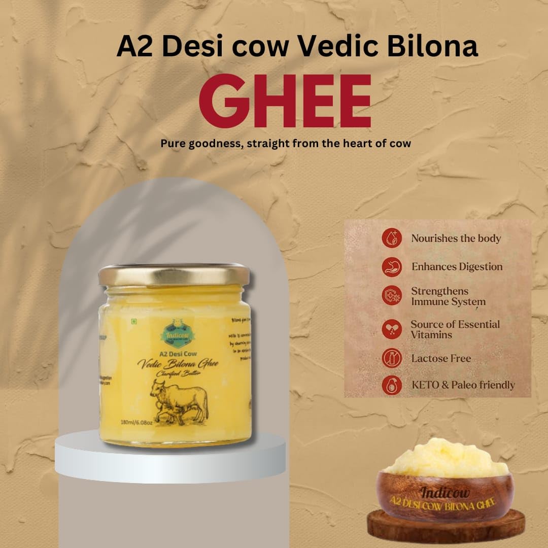 Indicow A2 Desi Cow Ghee| (180ml (6.08oz), A2 Cow Ghee (Sahiwal Cows)) | Grass Fed, Pasture Raised Clarified Butter Fat, Keto, P
