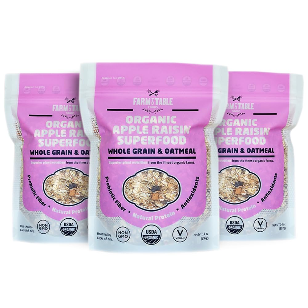 Farm to Table Foods Organic Apple Raisin Superfood Oatmeal - High-Protein, Whole Grain, Plant-Based, Unsweetened, Non-GMO - 3-Pa