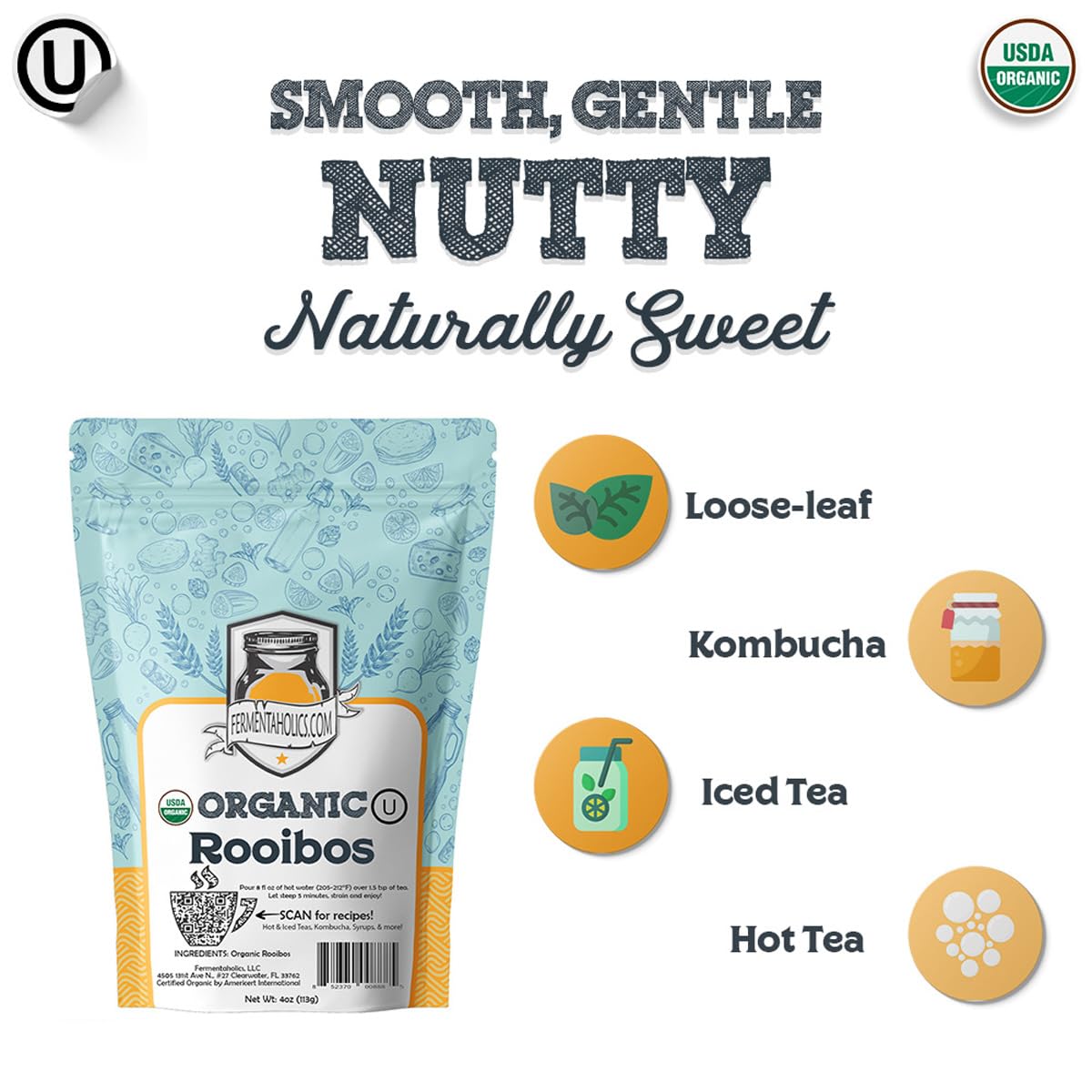 Fermentaholics Rooibos Tea - Organic Loose Leaf - Caffeine-Free - 4 oz
