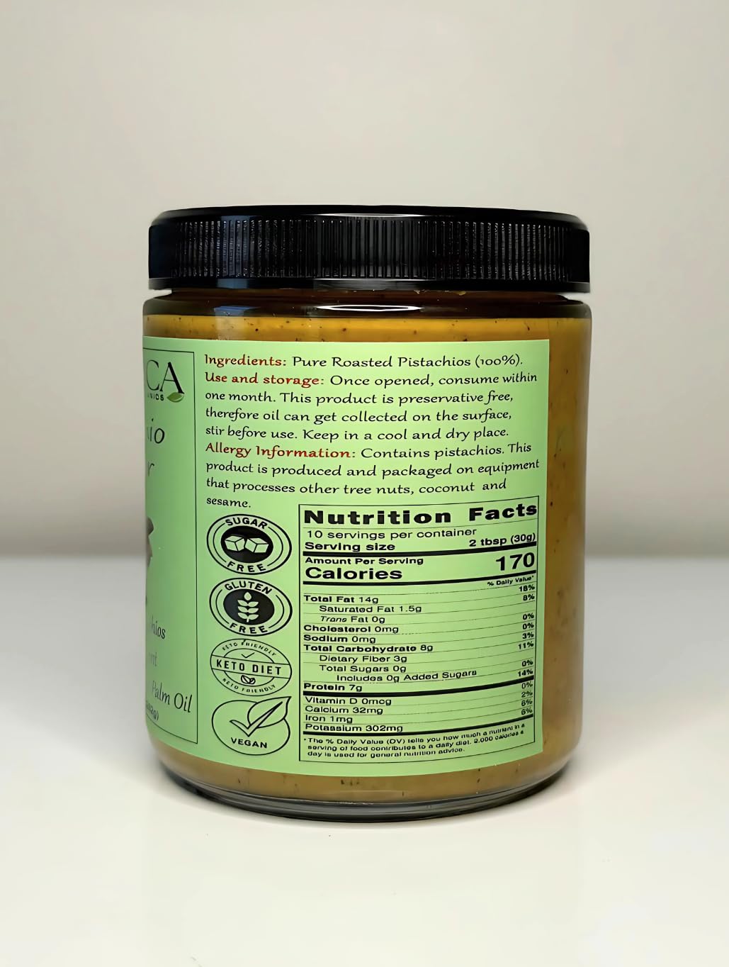 Nutrica Organics 100% Pure Pistachio Butter, Vegan, 9.25oz Glass Jar, No Additives, No Salt, No Sugar