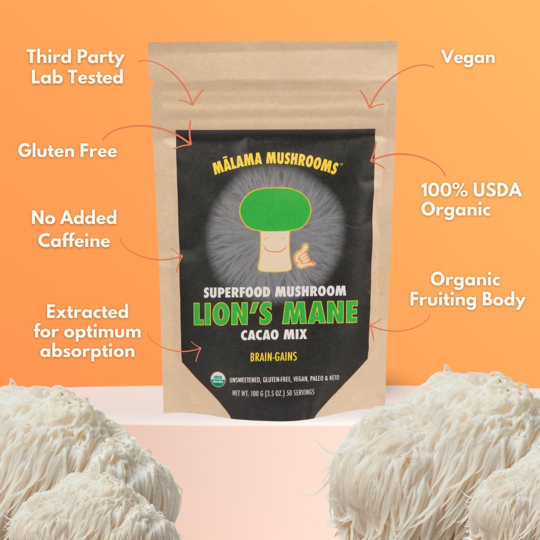 Lion'S Mane Hot Cacao Mix By Malama, Organic Fruiting Body Lion'S Mane Mushroom Extract Blended With Fair Trade Cacao And Cinnam