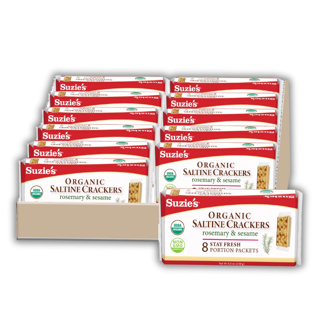 Suzies Organic Rosemary Sesame Saltines Crackers|Healthy Gourmet Baked Vegan Snack for Adults & Children|Non GMO|12 Fresh Packs