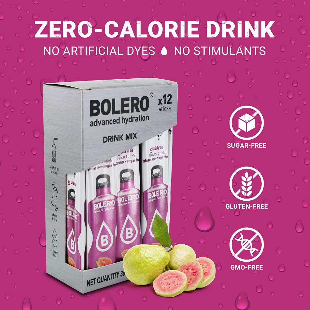 Bolero- Sugar Free Drink Mix Packets Guava Fruit Flavors | Powdered Flavored Water Packets | 36 Singles Sticks On The Go Packets
