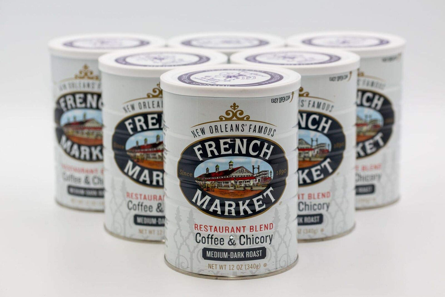 French Market Coffee, Coffee & Chicory Restaurant Blend, Medium-Dark Roast Ground Coffee, 12-Ounce Metal Can (Pack Of 6)