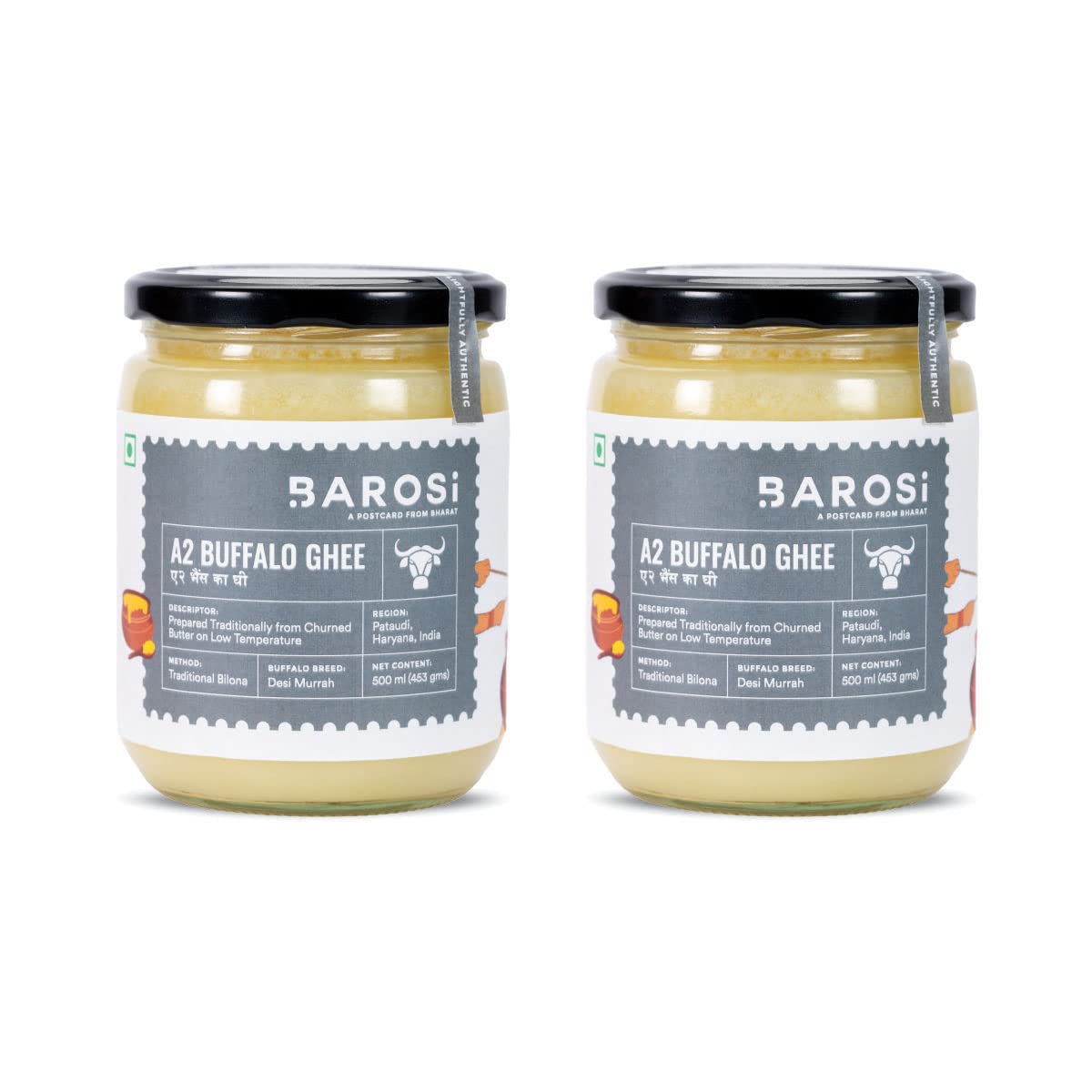 Barosi A2 Buffalo Ghee 1 Litre (Pack Of 2 * 500Ml) | Churned With Bilona Method | Pure & Aromatic Desi Ghee | Farm Made In Small Batches | Glass Jar Packing