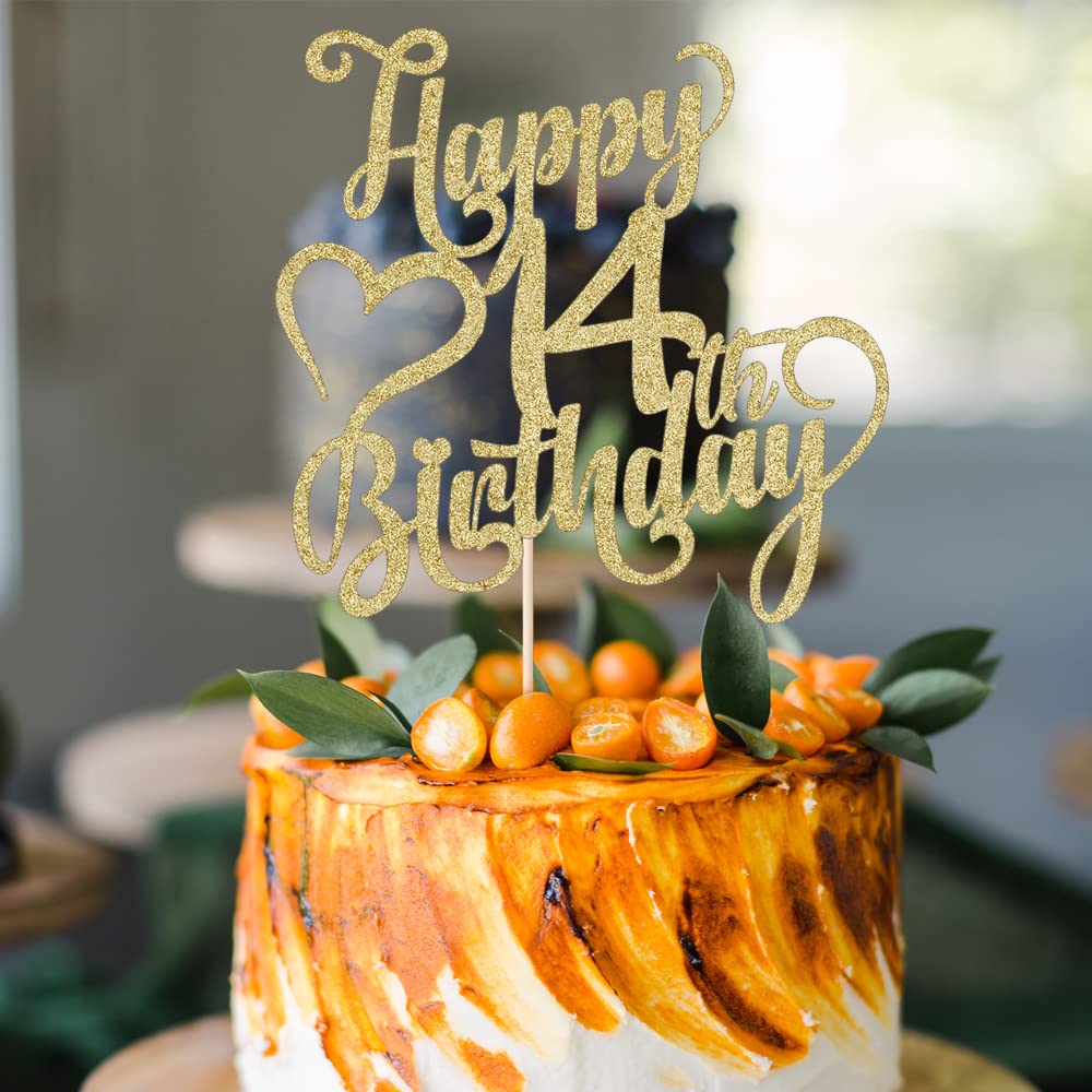 Arokippry Gold Glitter Happy 14Th Birthday Cake Topper - 14 Anniversarybirthday - Hello 14, Cheers To 14 Years,14  Fabulous Cake