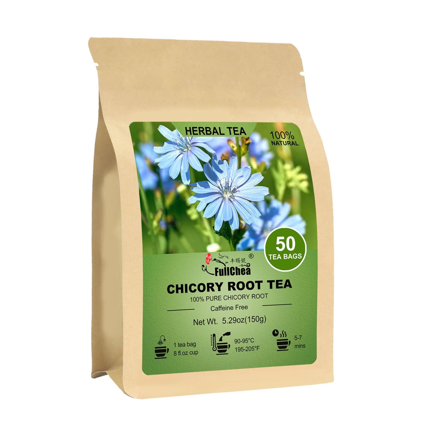 Fullchea - Chicory Root Tea  50 Teabags - Pure Chicory Root Herbal Tea - Coffee Alternative - Non-Gmo - Energy Blend-Free - Support Liver Health & Rich In Antioxidants