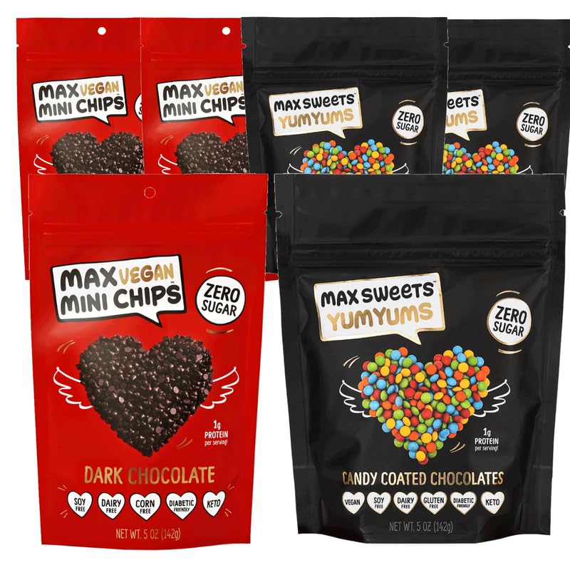 Max Sweets Dark Chocolate Yumyums & Vegan Mini Chocolate Chips - Delicious Sugar Free Candy Ideal For Keto  Gluten Free  Diaplayic  Low Carb  No Sugar Diets - 6 Pack