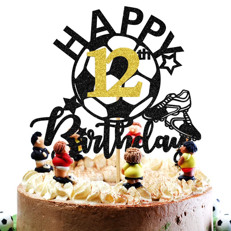 Aeryourtar Glitter Soccer Cake Topper for 12th Birthday, Paper Decoration, Football Theme, Perfect for Boys and Girls