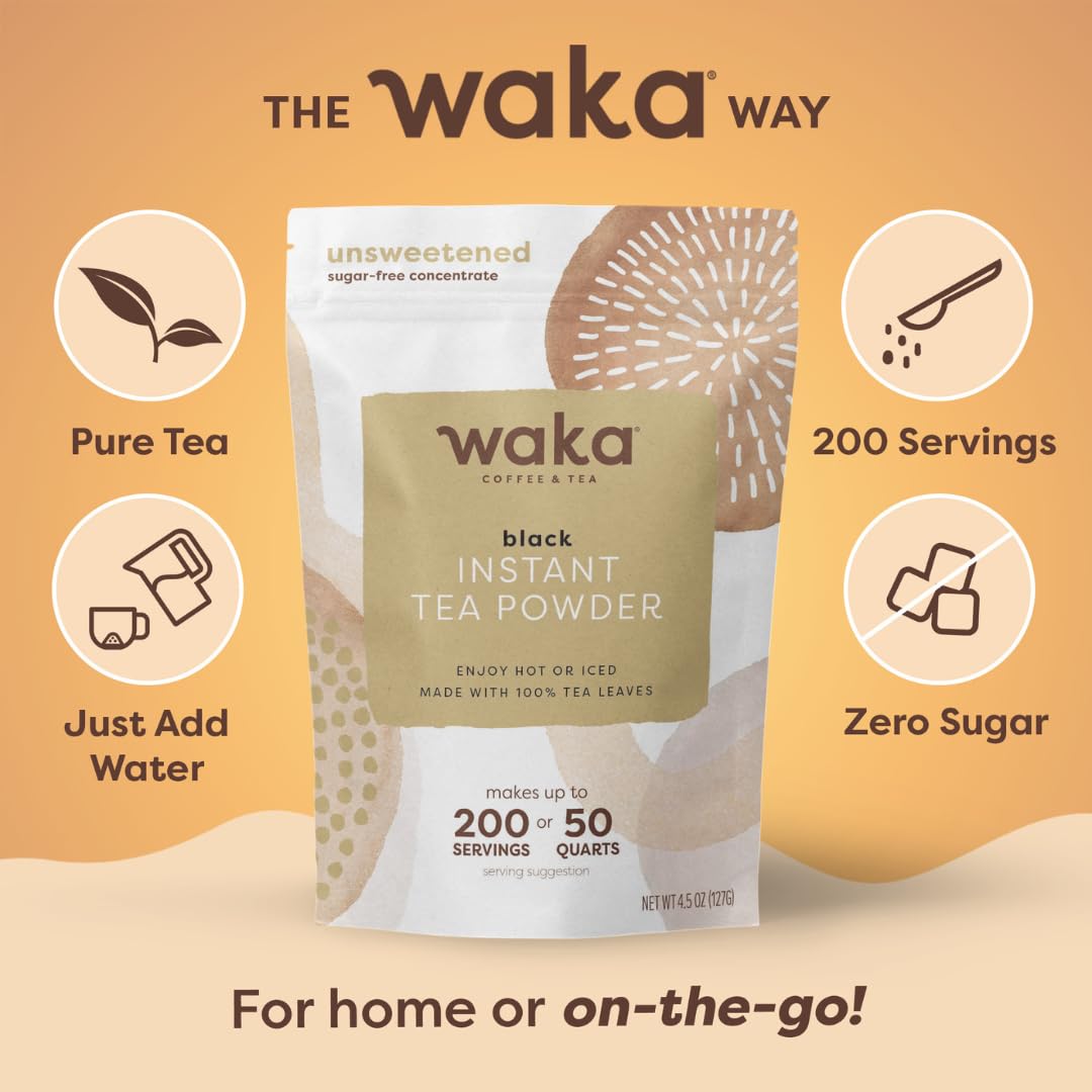Waka Instant Black Tea Mix, 100% Tea Leaves, Unsweetened, 4.5oz, Makes 50 Quarts or 200 Cups, Hot or Iced Tea