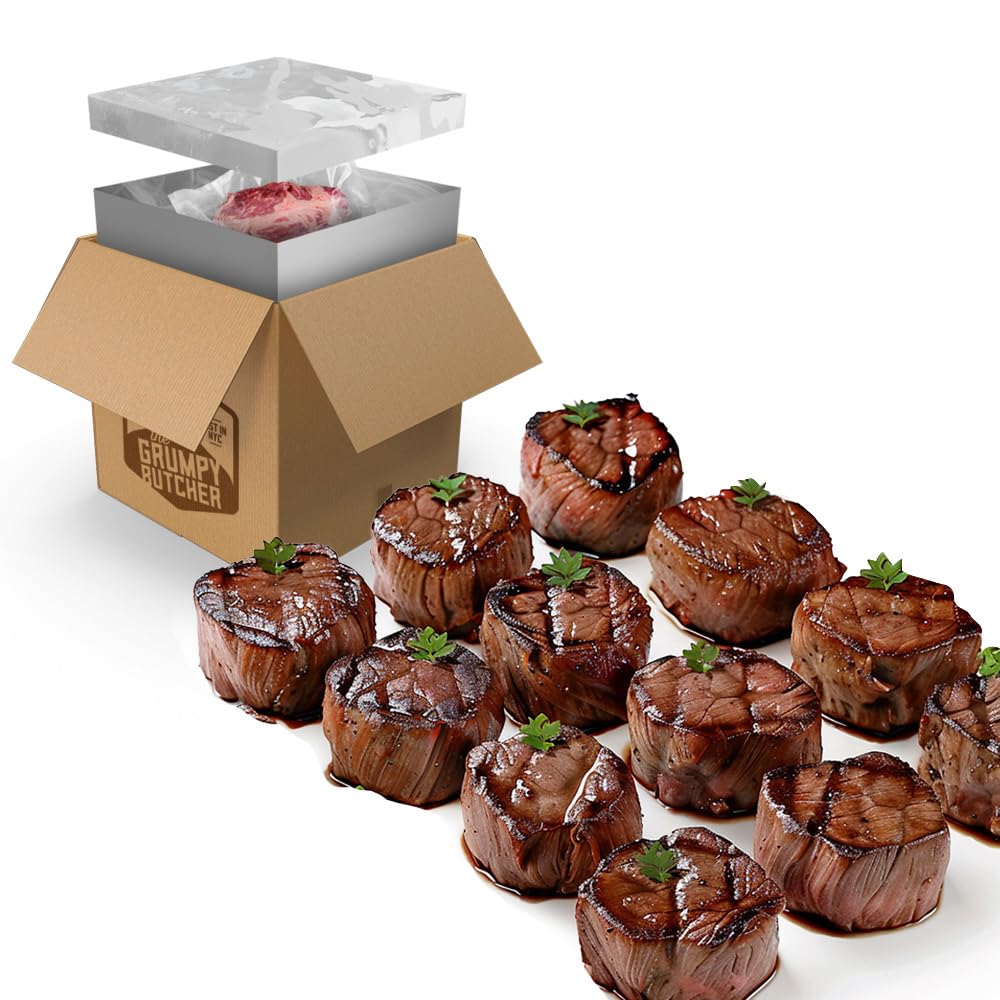 Grumpy Butcher Large Filet Mignon Steak (8 Oz Each, 12 Pack) | Steak House Size Beef Tenderloin Center Cut | Bulk Steak Package