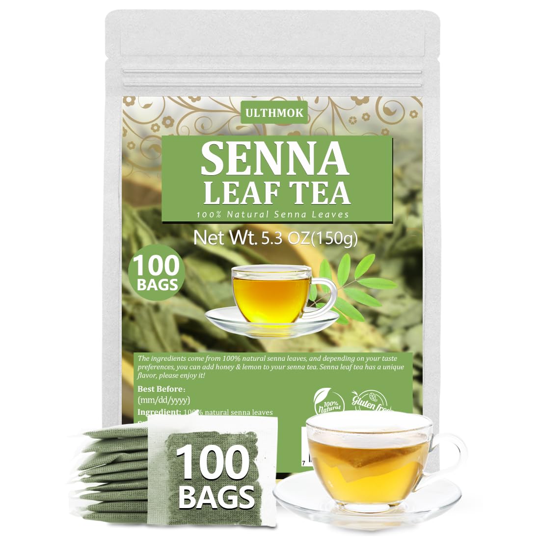 ULTHMOK Premium Senna Tea Bags, 100% Natural, Caffeine Free, 100 Count